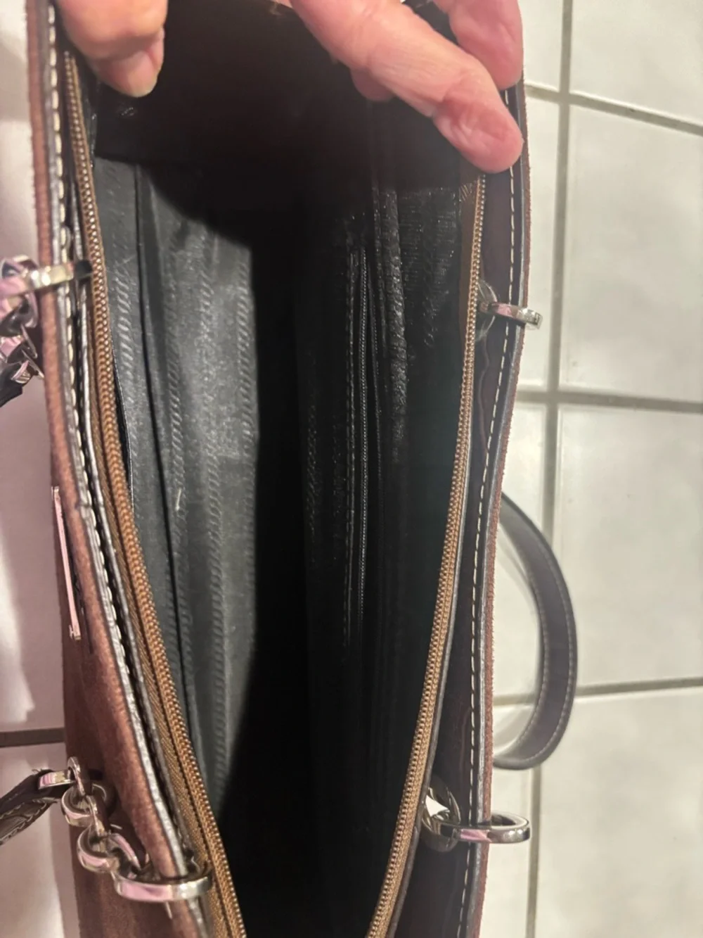 Prada Milano Faux Dark Brown Suede Shoulder Bag with Silver Chain Straps - Picture 5 of 6